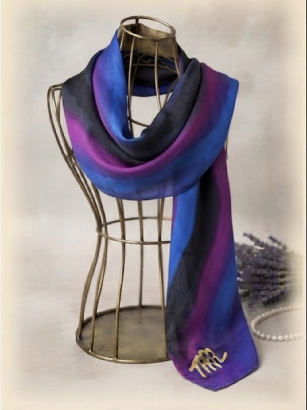 Ombre Signed Tara Hand Painted Blue Purple Silk Scarf